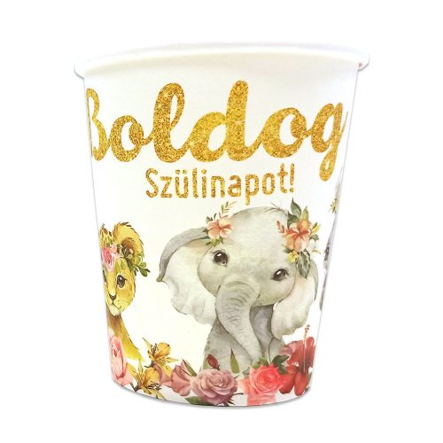 Boldog szülinapot állatos-virágos papír pohár 250ml, 6db-os