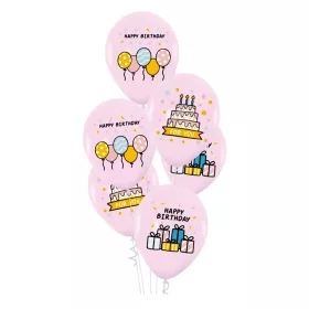   Happy Birthday tortás rózsaszín szülinapi latex lufi 6db-os