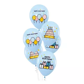 Happy Birthday tortás kék szülinapi latex lufi 6db-os