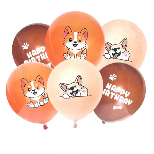 Kawaii Corgi kutyás Happy Birthday szülinapi gumi lufi 30cm, 6db-os