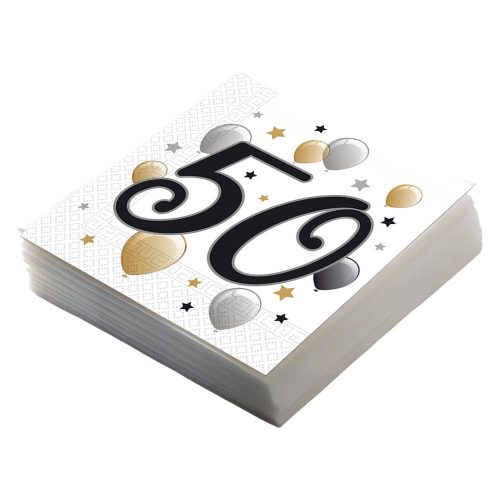 Elegáns Léggömbös 50-es Számos Szülinapi Parti Szalvéta - 33 cm x 33 cm, 20 db-os