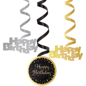   Happy Birthday Csillagos Arany Fekete Spirális Függő Dekoráció, 6 db-os