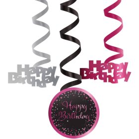   Happy Birthday Csillagos Arany Fekete Spirális Függő Dekoráció, 6 db-os