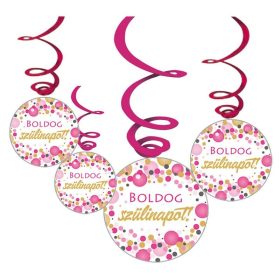   Boldog Szülinapot! Rózsaszín Pasztell Konfettis Függő Dekoráció, 6 db-os