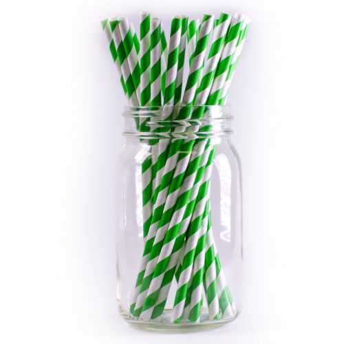 Zöld fehér csíkos papír szívószál 20db