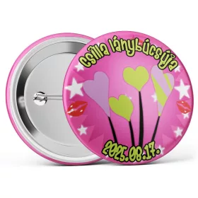   Szíves-lufis lánybúcsús kitűző választható névvel és dátummal