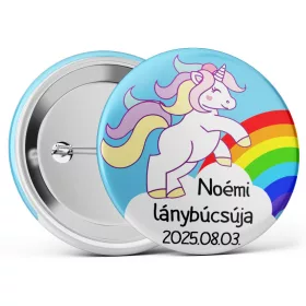   Unikornis lánybúcsús kitűző választható névvel és dátummal