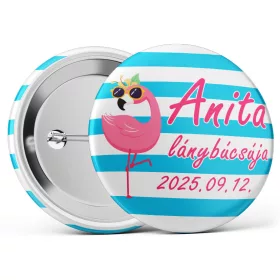   Flamingós lánybúcsús kitűző választható névvel és dátummal