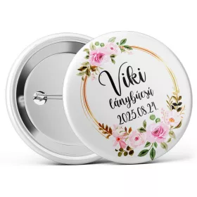   Virágos lánybúcsús kitűző választható névvel és dátummal