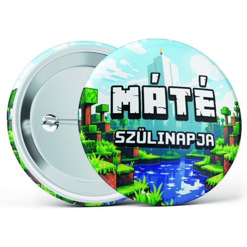Pixeles-blokkos gamer születésnapi kitűző választható névvel