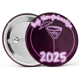   Koktélpoharas lánybúcsús kitűző választható névvel és dátummal