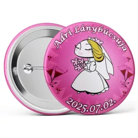   Szőke menyasszony lánybúcsús kitűző választható névvel és dátummal