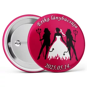   Ördögös lánybúcsús kitűző választható névvel és dátummal