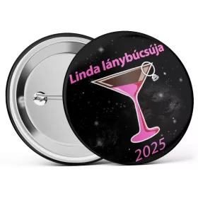   Koktélpoharas lánybúcsús kitűző választható névvel és dátummal